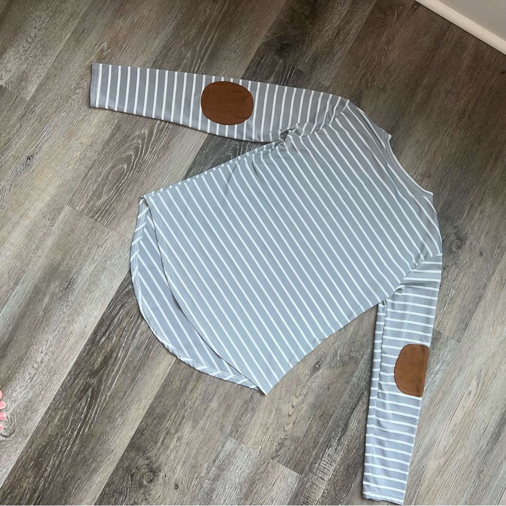 Striped Athletic Material Elbow Patch Long Sleeve… - image 2